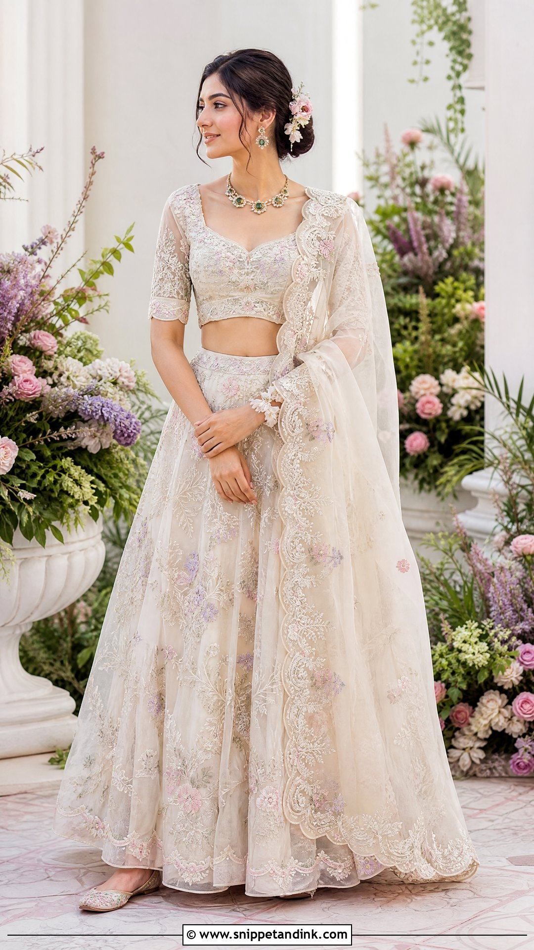 Ivory Floral Organza Lehenga Mehndi Outfit - Snippet and Ink - 25 Mehndi Function Dress Outfit for Bride Ideas