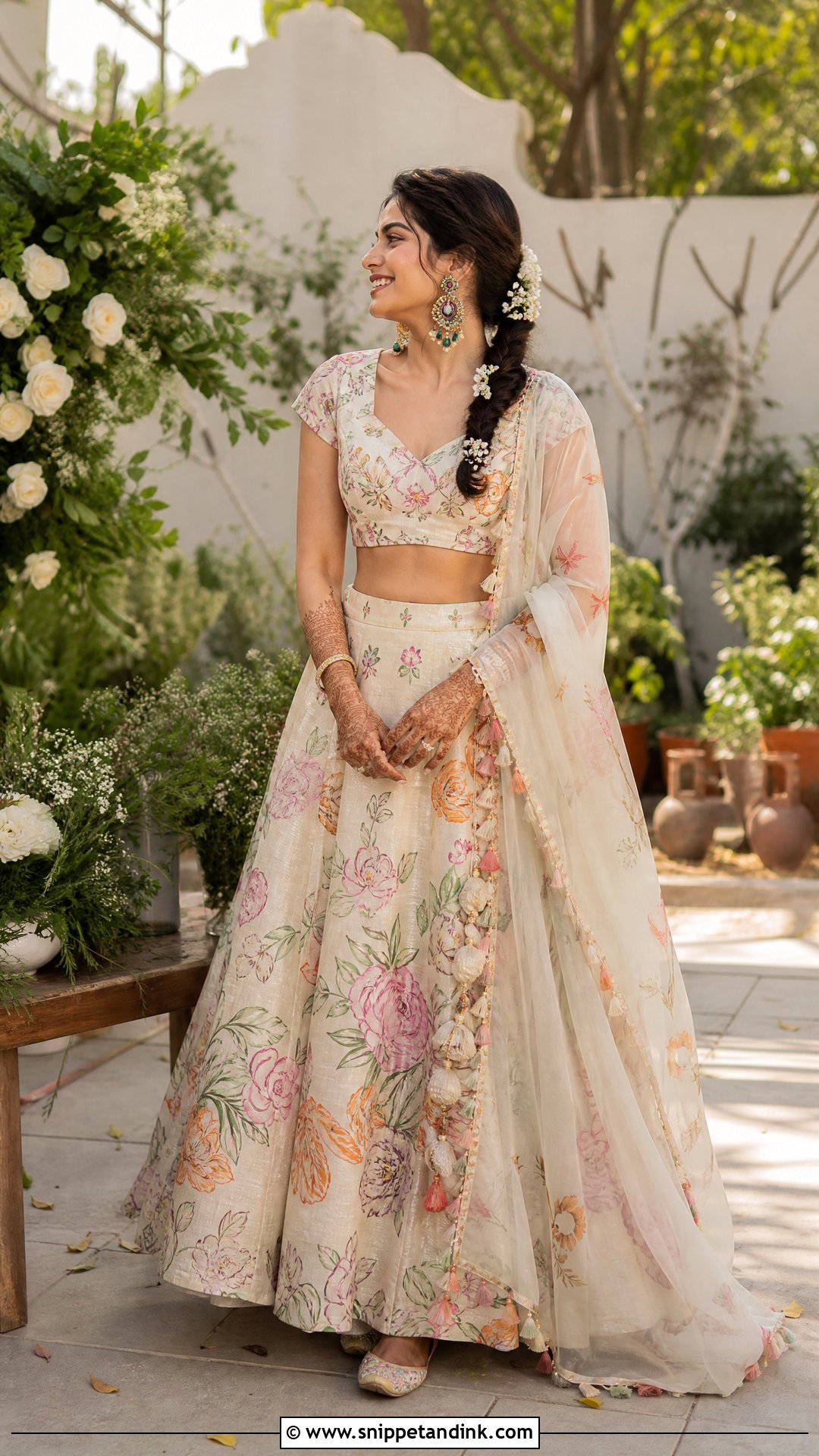 Ivory Floral Print Lehenga Mehendi Outfit - Snippet and Ink - 20 Indian Bridal Mehendi Outfits