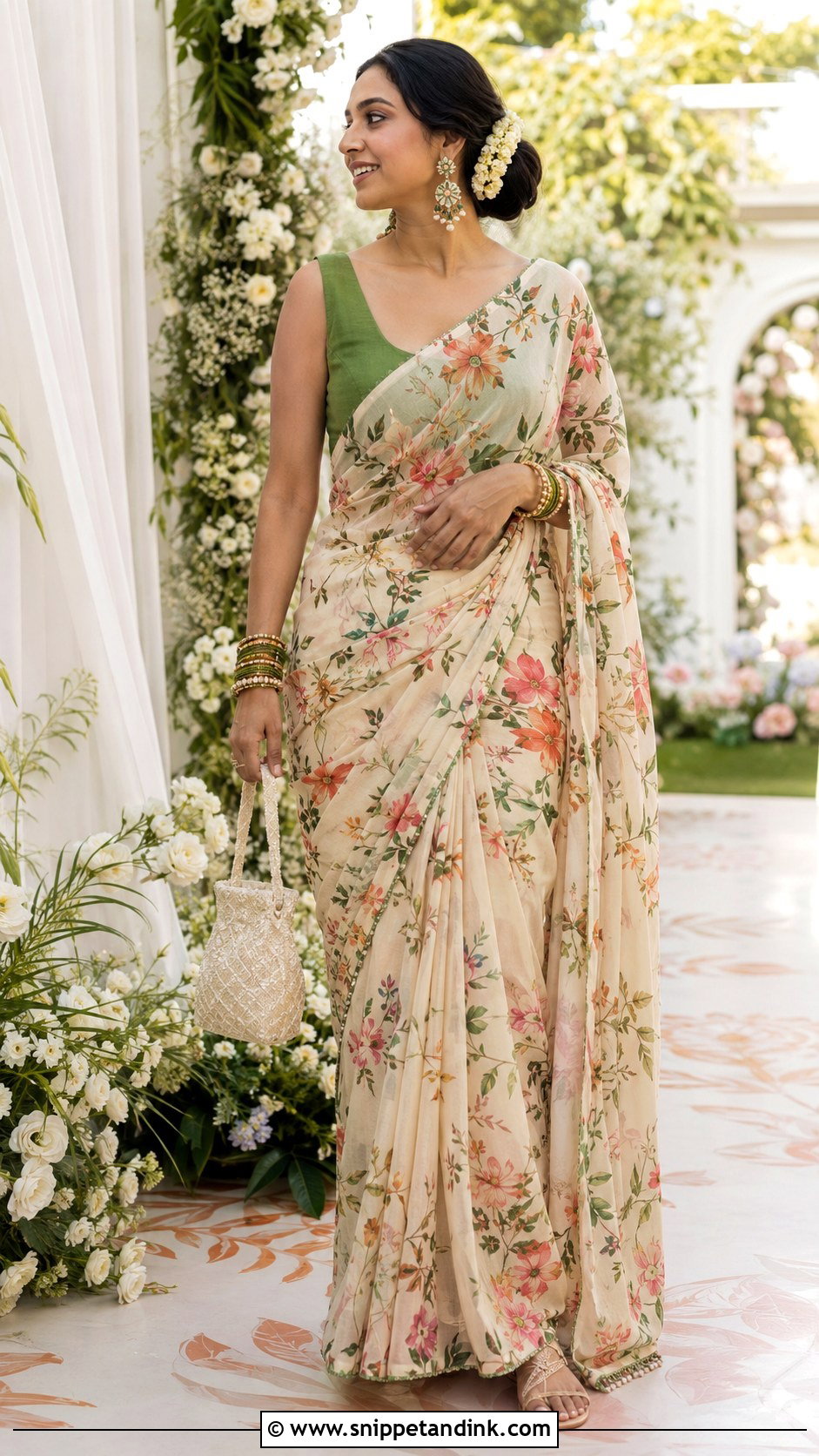 Ivory Floral Saree Mehndi Outfit - Snippet and Ink - 20 Mehndi Party Dress Ideas