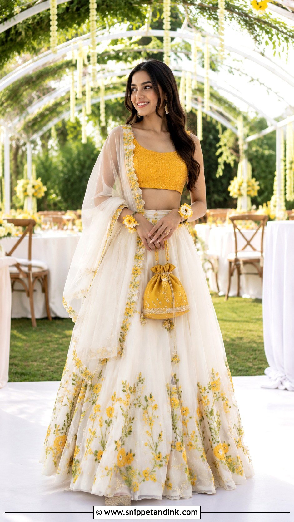 Ivory Floral Skirt Haldi Outfit - Snippet and Ink - 20 Haldi Outfits Ideas