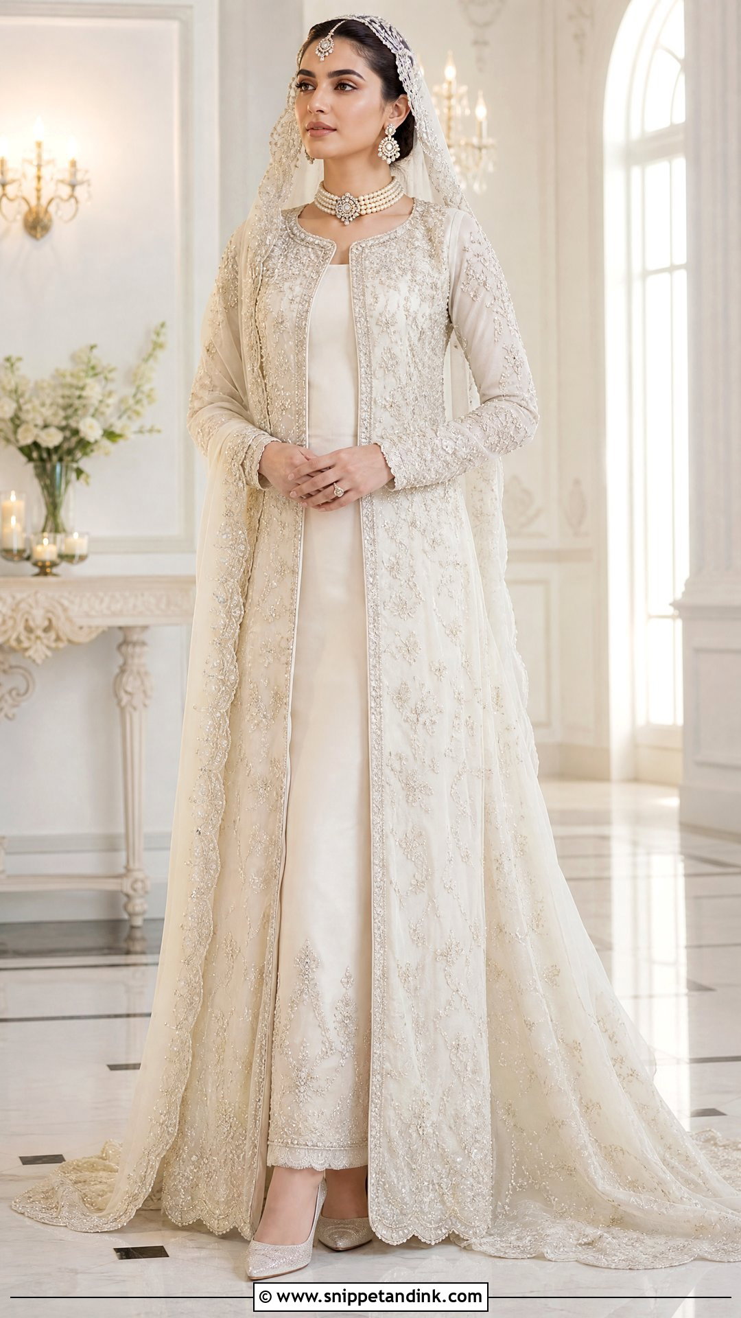 Ivory Front Open Maxi Nikah Dress With Trail - Snippet and Ink - 20 Pakistani Bridal Nikah Dress Ideas