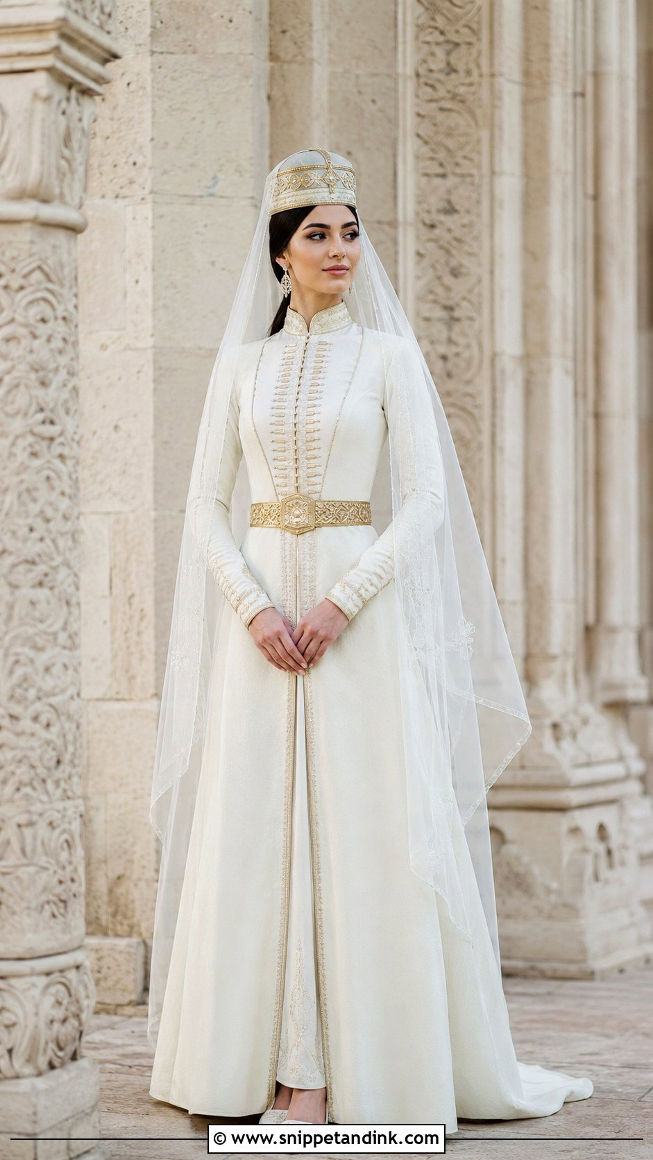 Ivory Georgian Wedding Dress With Chikhti Kopi - Snippet and Ink - 20 Georgian Traditional Wedding Dress Ideas