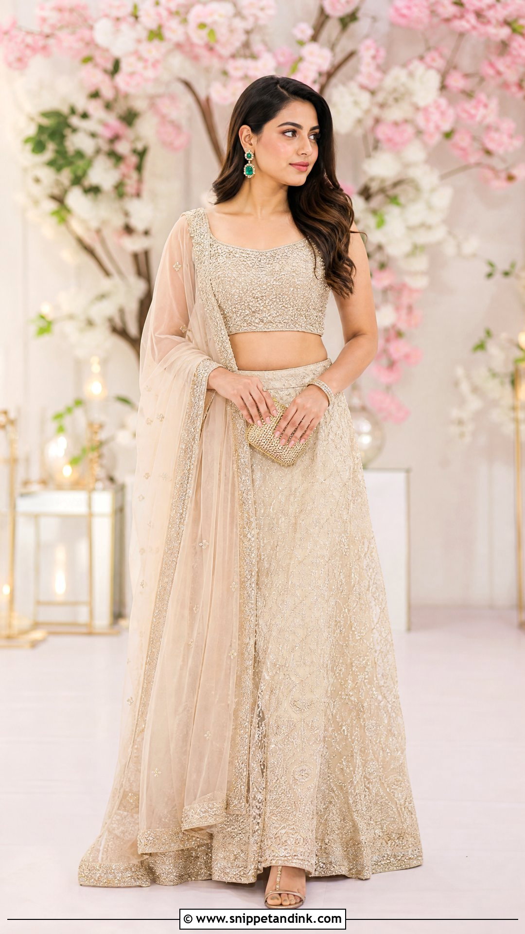 Ivory Gold Lehenga Ring Ceremony Outfit - Snippet and Ink - 20 Ring Ceremony Outfit for Bride Ideas