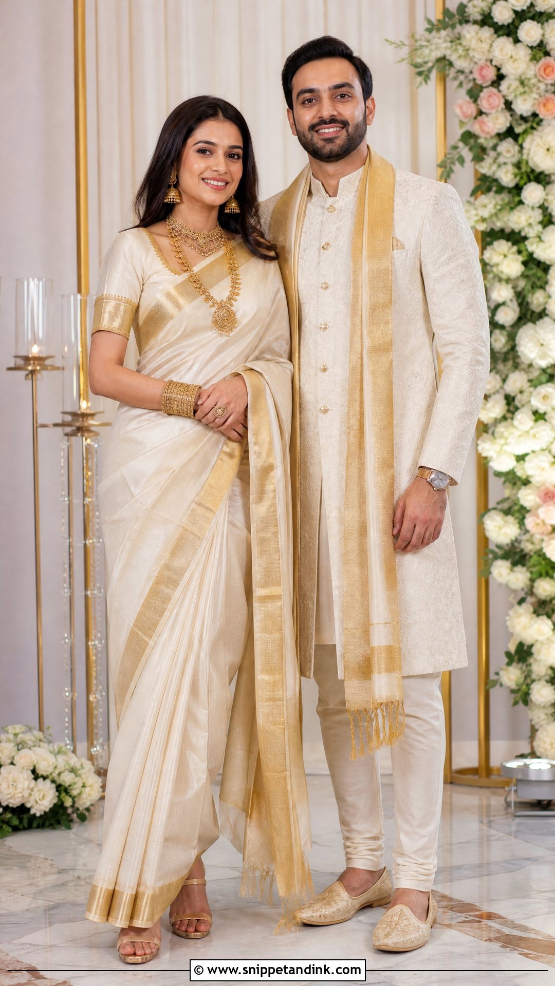 Ivory Gold Saree And Cream Sherwani - Snippet and Ink - 20 Ring Ceremony Couple Dress Ideas