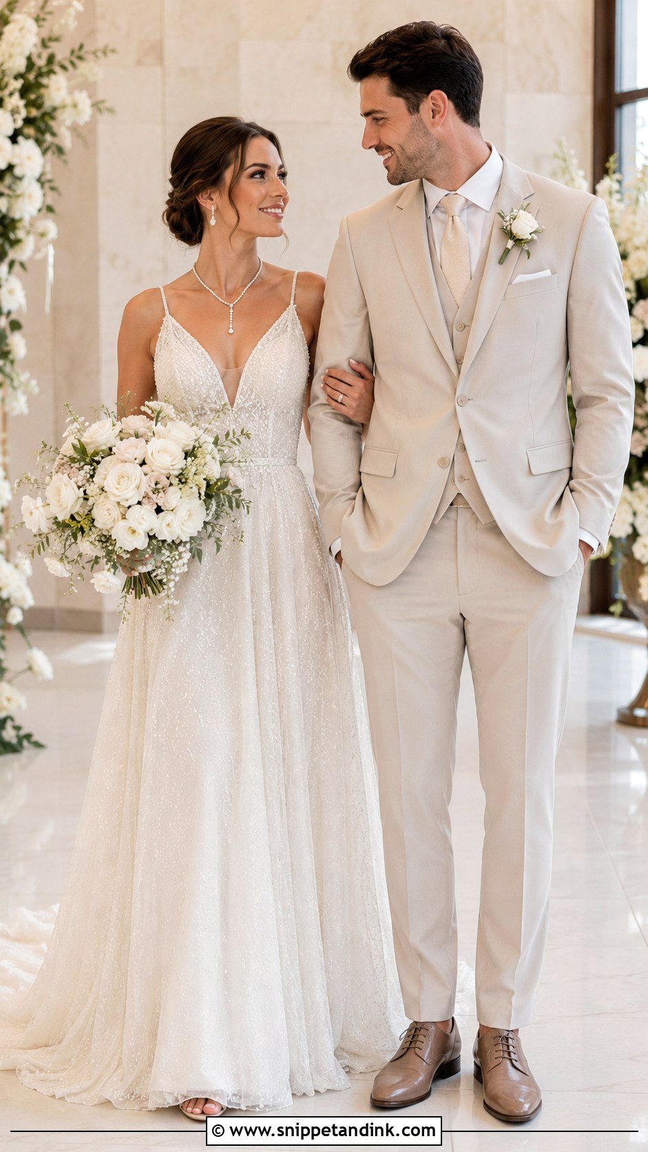 Ivory Gown And Champagne Suit Couple Wedding Outfit - Snippet and Ink - 20 Couple Matching Wedding Outfits
