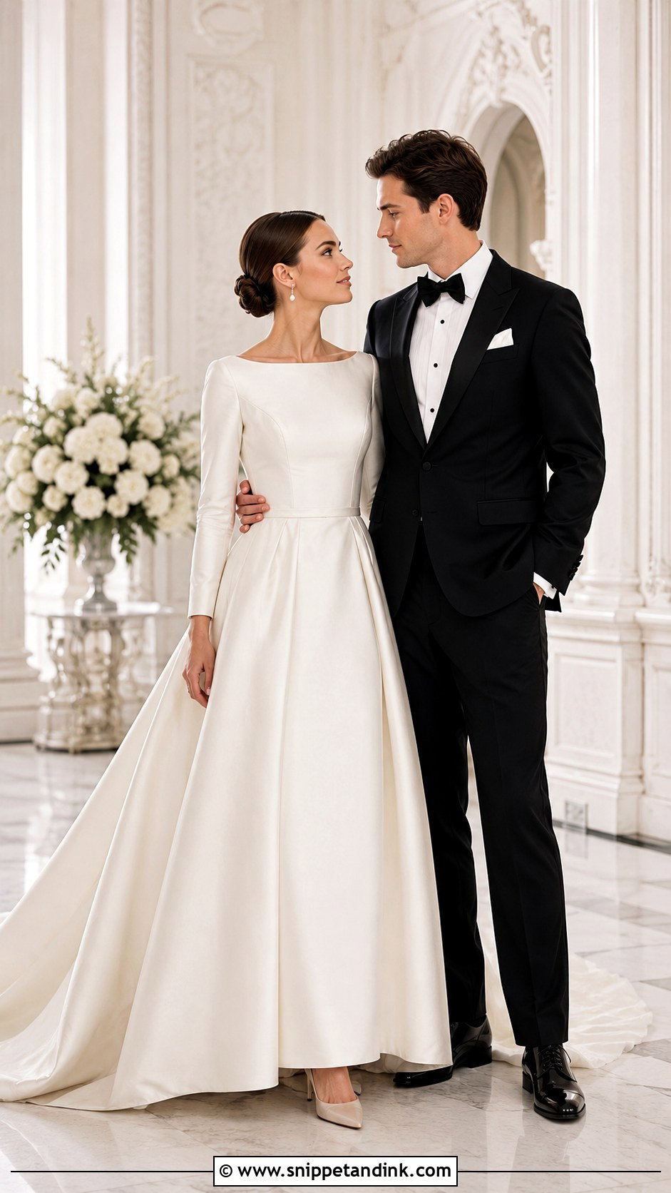 Ivory Gown and Black Tuxedo Couple Wedding Outfit - Snippet and Ink - 20 Couple Dress for Wedding Ideas