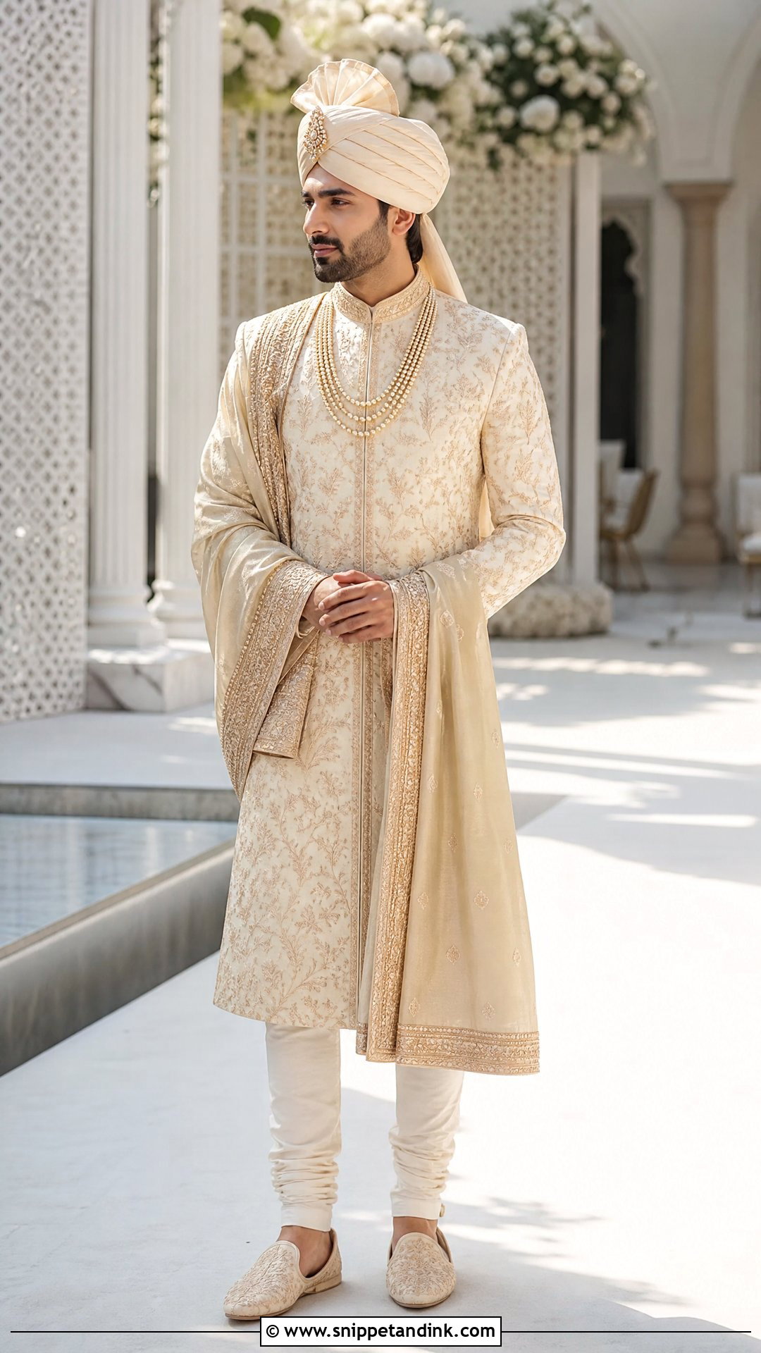 Ivory Groom Sherwani With Gold Churidar - Snippet and Ink - 20 Sherwani Wedding Ideas