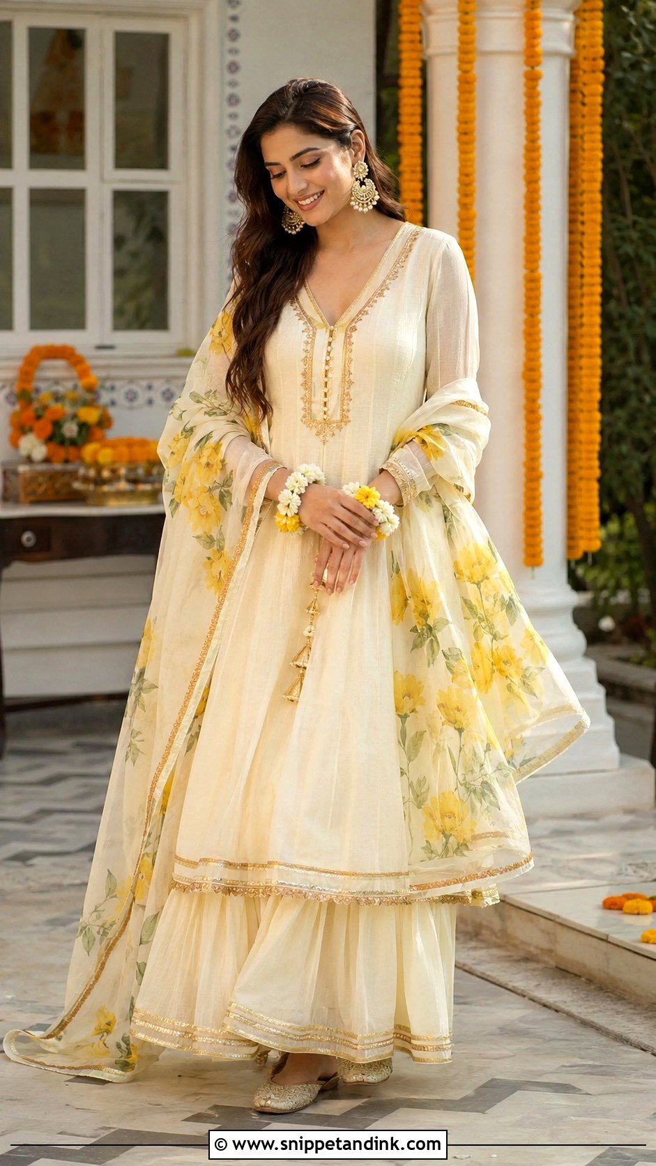 Ivory Haldi Anarkali With Gharara - Snippet and Ink - 20 Ivory Haldi Outfit Ideas