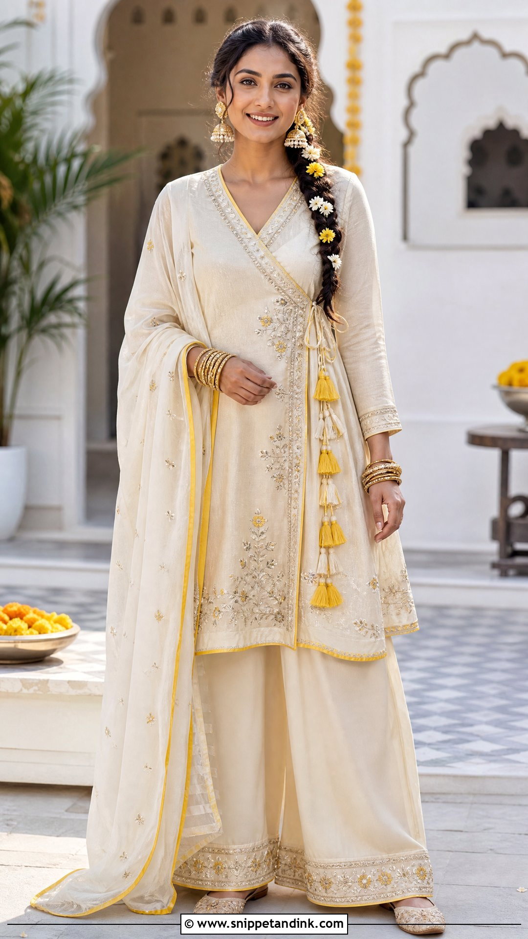 Ivory Haldi Angrakha Kurta With Palazzo Pants - Snippet and Ink - 20 Ivory Haldi Outfit Ideas