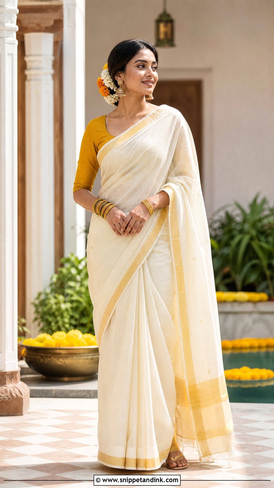 Ivory Haldi Cotton Saree With Gold Border - Snippet and Ink - 20 Ivory Haldi Outfit Ideas
