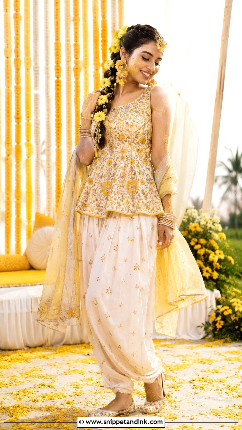 Ivory Haldi Dhoti Pants With Peplum Kurta - Snippet and Ink - 20 Ivory Haldi Outfit Ideas