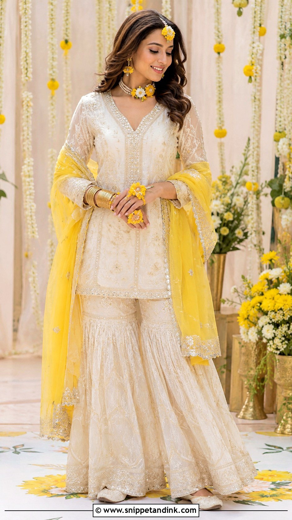 Ivory Haldi Dress for Bride With Yellow Dupatta - Snippet and Ink - 25 Indian Haldi Dress for Bride Ideas