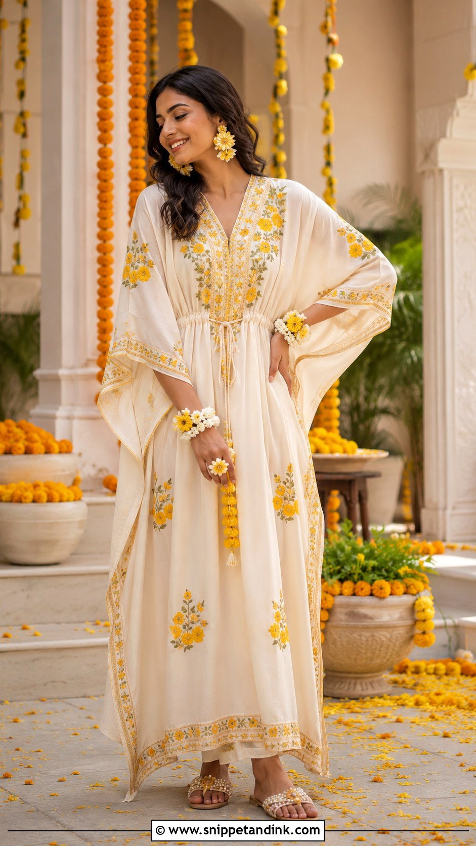 Ivory Haldi Kaftan With Floral Jewelry - Snippet and Ink - 20 Ivory Haldi Outfit Ideas