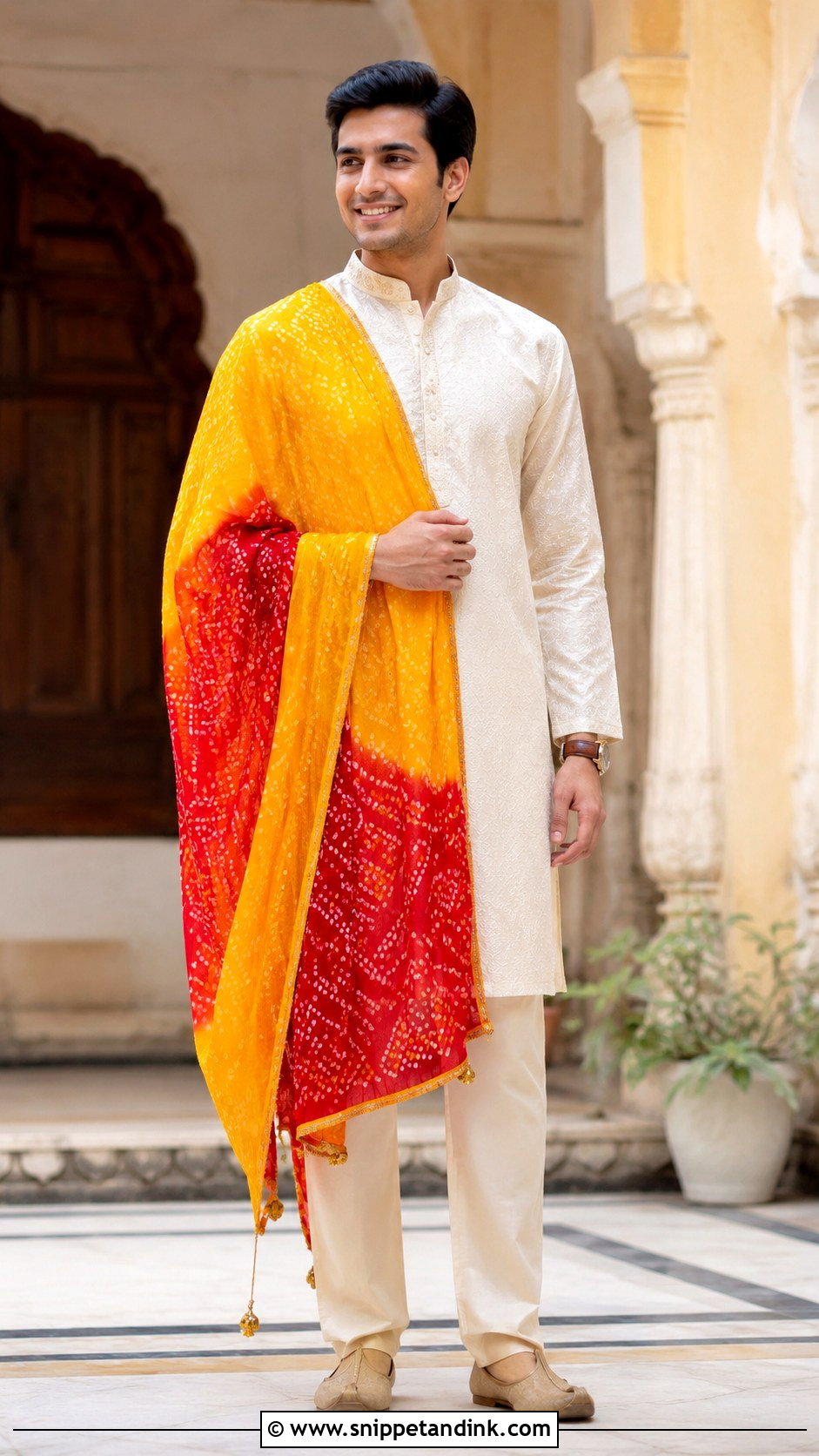 Ivory Haldi Kurta With Bandhani Dupatta - Snippet and Ink - 20 Haldi Outfit for Bride Brother Ideas