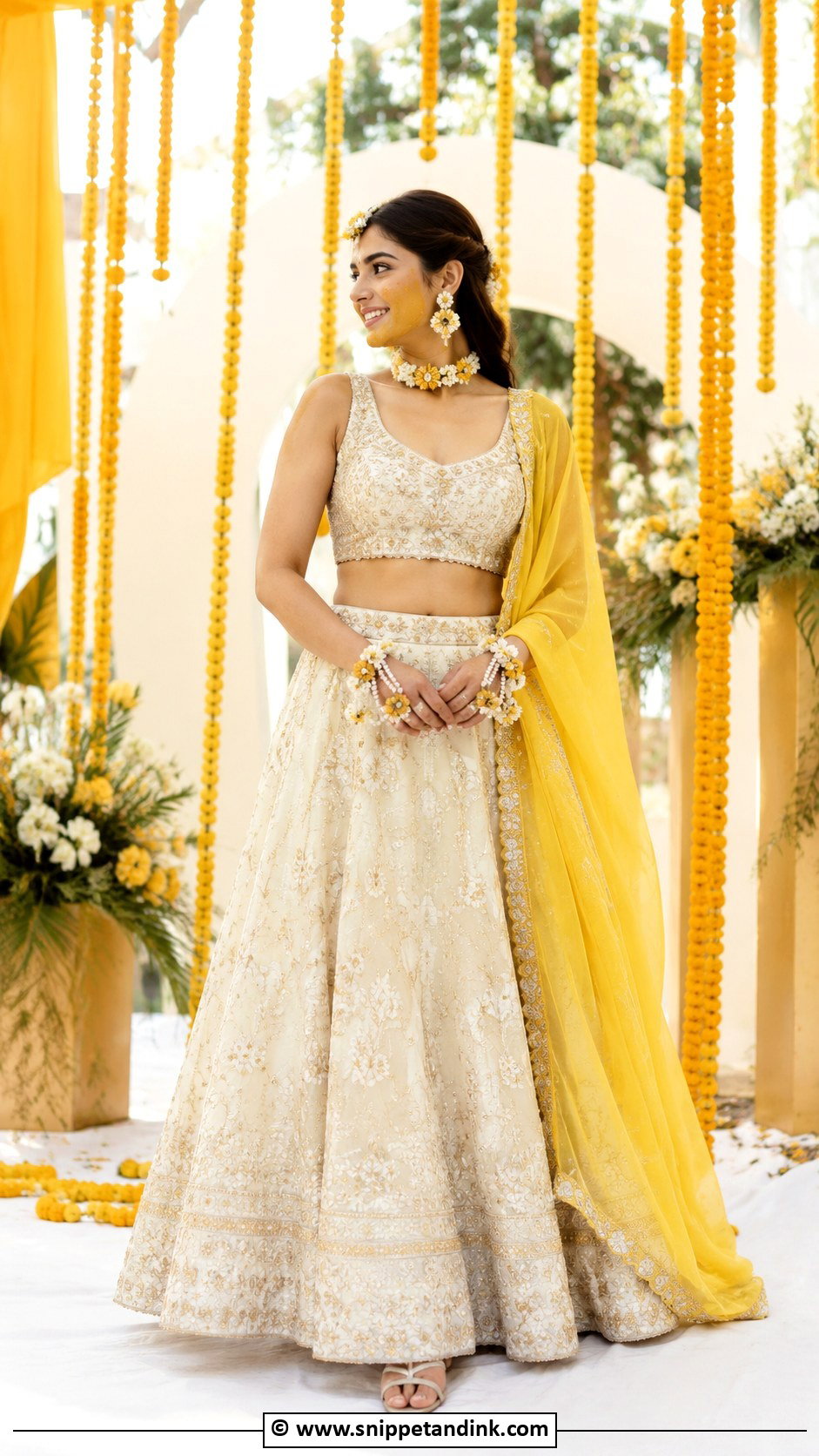 Ivory Haldi Lehenga With Yellow Dupatta - Snippet and Ink - 35 Unique Haldi Outfits