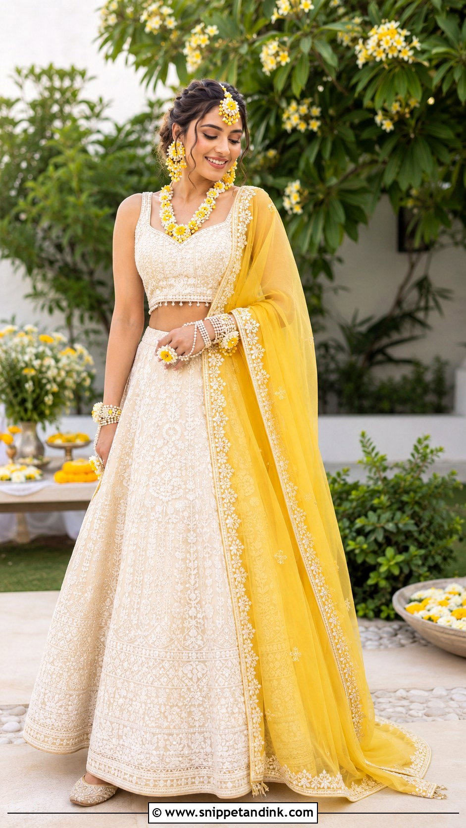 Ivory Haldi Lehenga With Yellow Dupatta - Snippet and Ink - 30 Indian Bridal Haldi Outfit Ideas