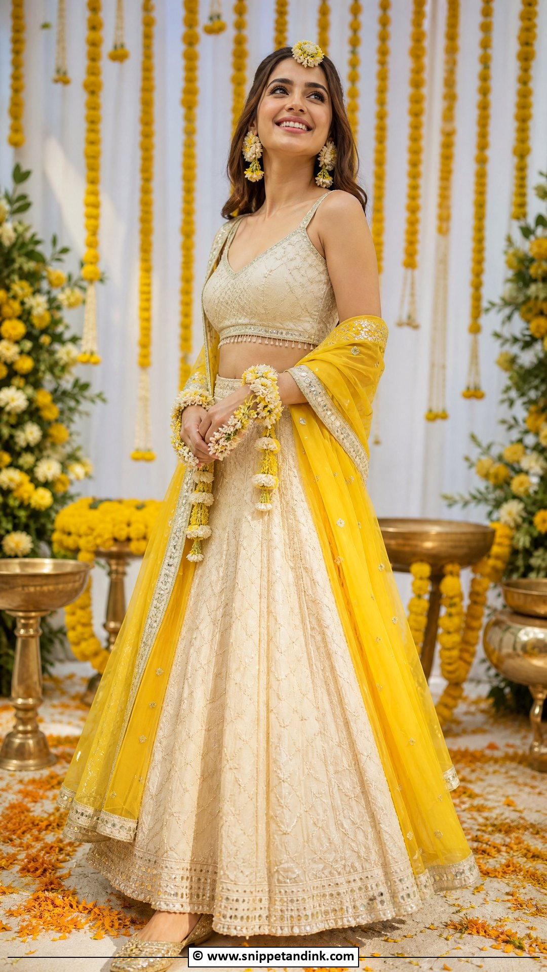 Ivory Haldi Lehenga With Yellow Dupatta - Snippet and Ink - 35 Haldi Outfits for Bride