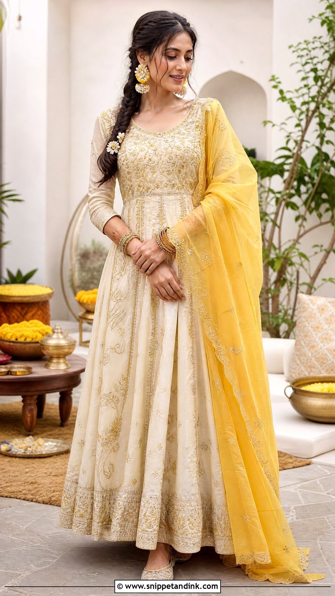 Ivory Haldi Maxi Dress With Dupatta - Snippet and Ink - 20 Ivory Haldi Outfit Ideas