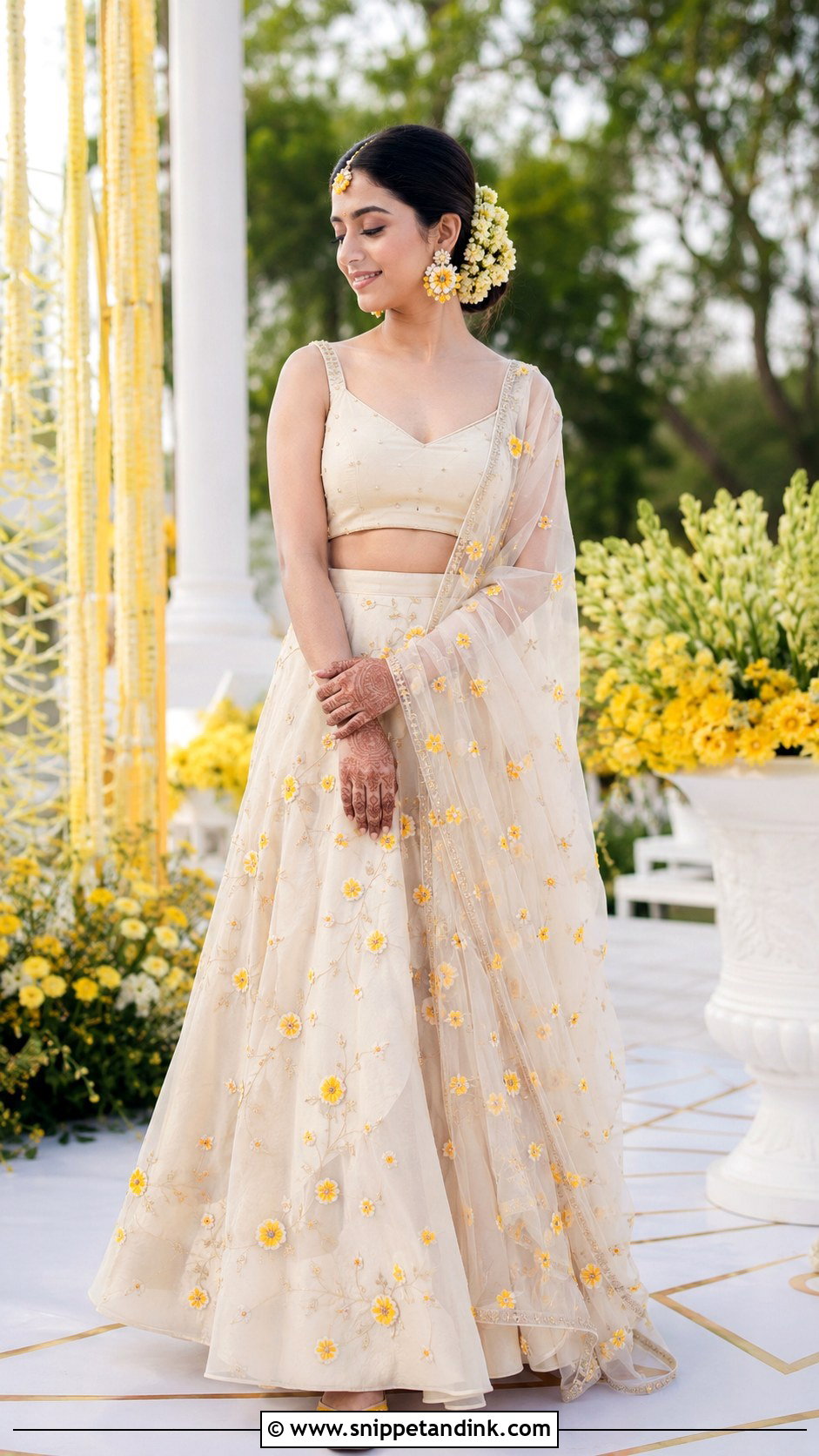 Ivory Haldi Organza Lehenga With Marigold Embroidery - Snippet and Ink - 20 Ivory Haldi Outfit Ideas
