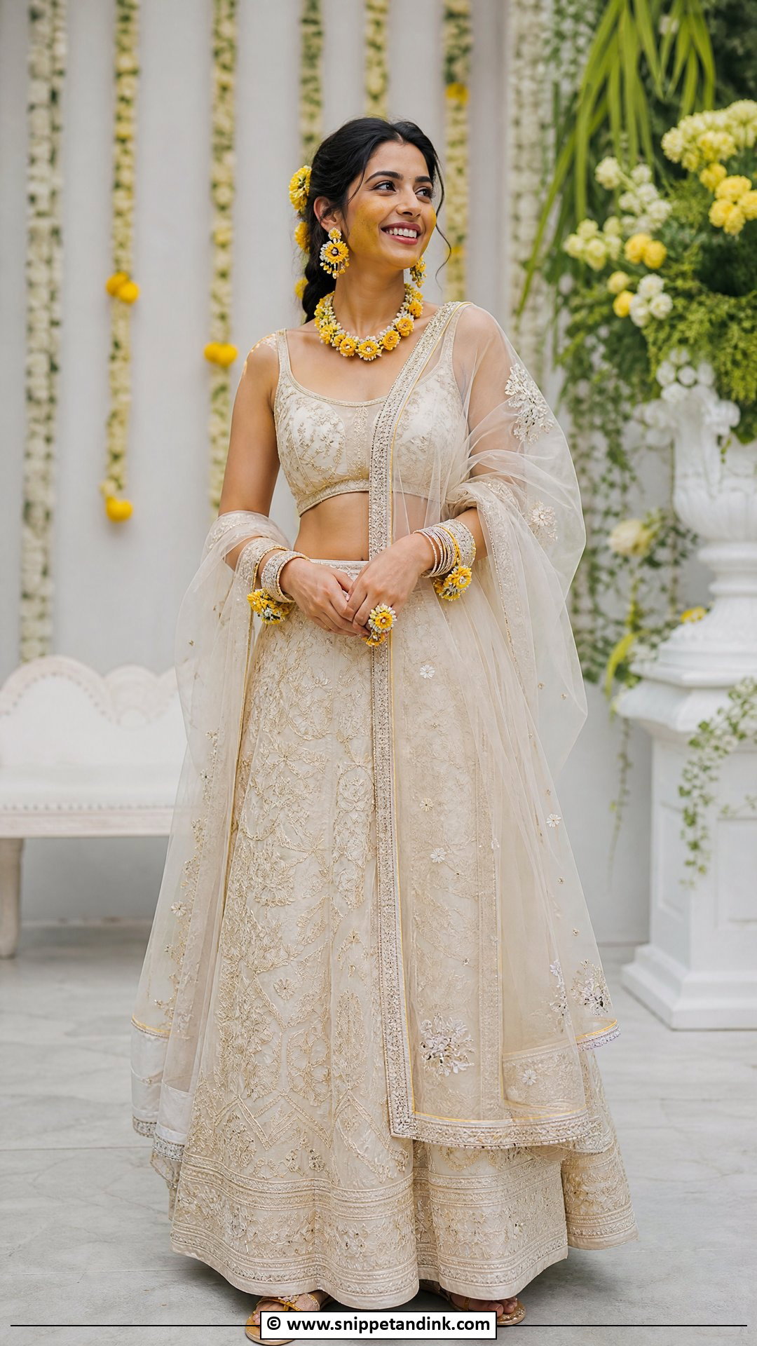 Ivory Haldi Outfit With Floral Jewelry - Snippet and Ink - 35 Latest Haldi Outfits
