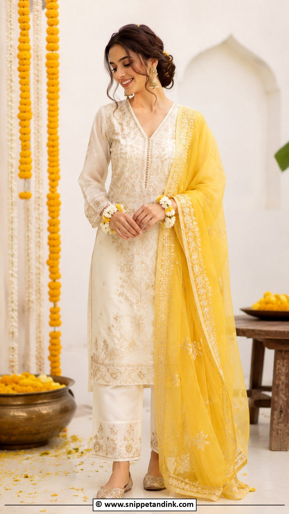 Ivory Haldi Outfit With Yellow Dupatta - Snippet and Ink - 30 Haldi Outfits for Women