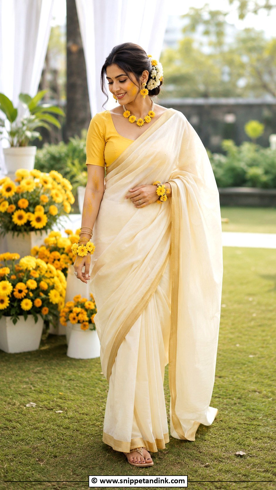 Ivory Haldi Saree For Bride - Snippet and Ink - 30 Haldi Outfit Ideas for Bride
