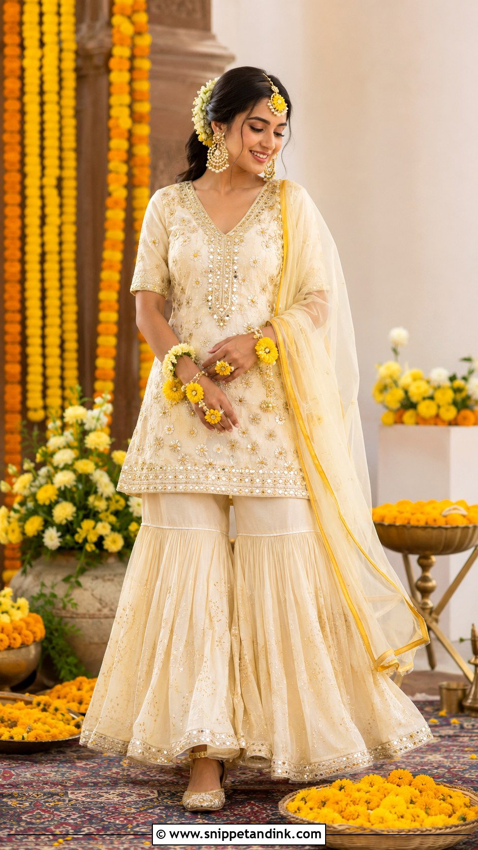 Ivory Haldi Sharara Set With Gota Work - Snippet and Ink - 20 Ivory Haldi Outfit Ideas