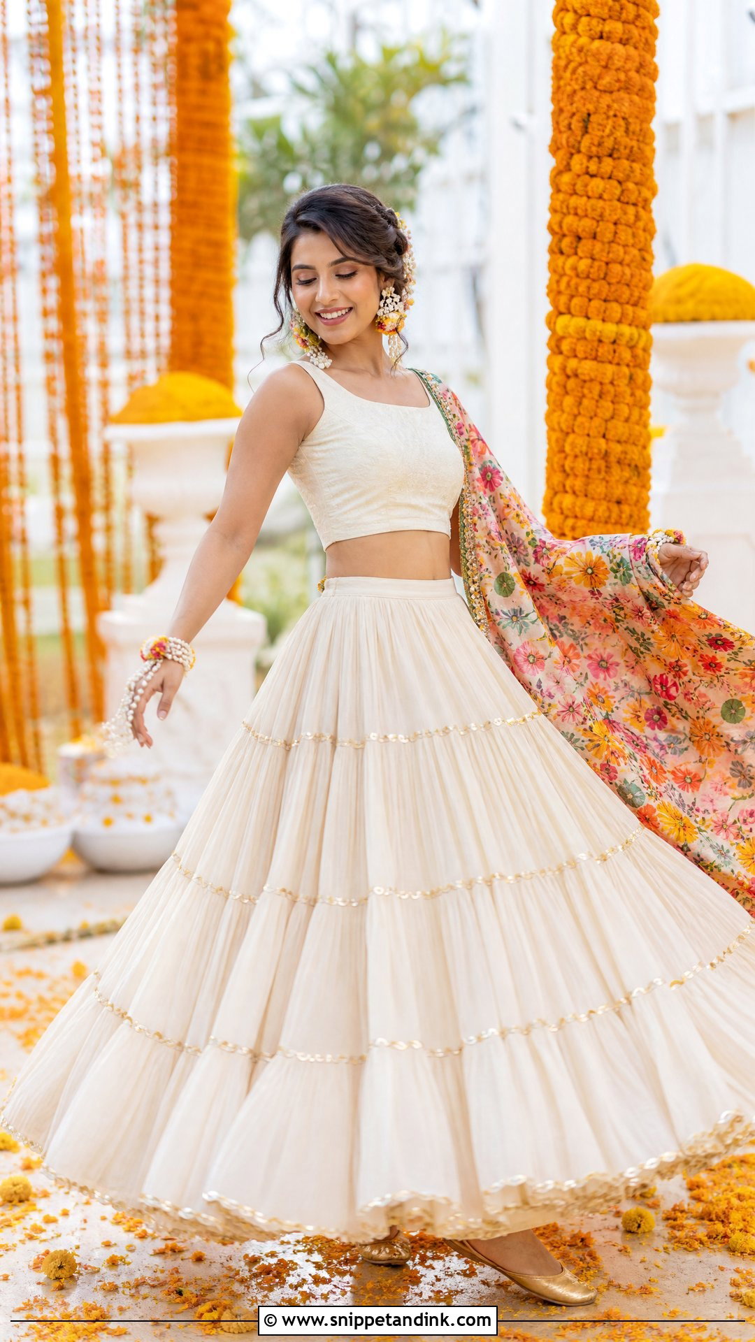 Ivory Haldi Tiered Lehenga With Floral Dupatta - Snippet and Ink - 20 Ivory Haldi Outfit Ideas