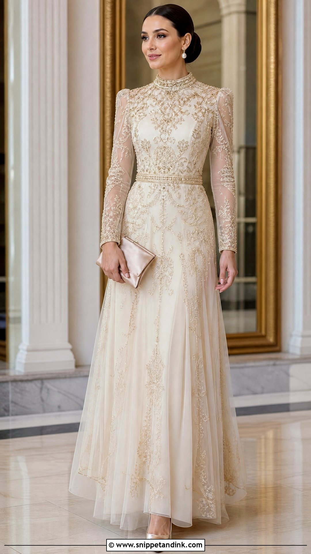 Ivory High Neck Embroidered Gown - Snippet and Ink - 20 Regal Dress Gowns
