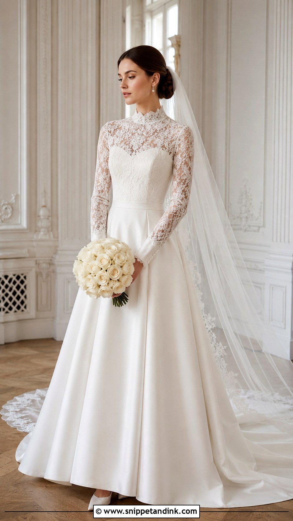 Ivory High Neck Wedding Dress With Lace Sleeves - Snippet and Ink - 20 Ivory Wedding Dress with Sleeves