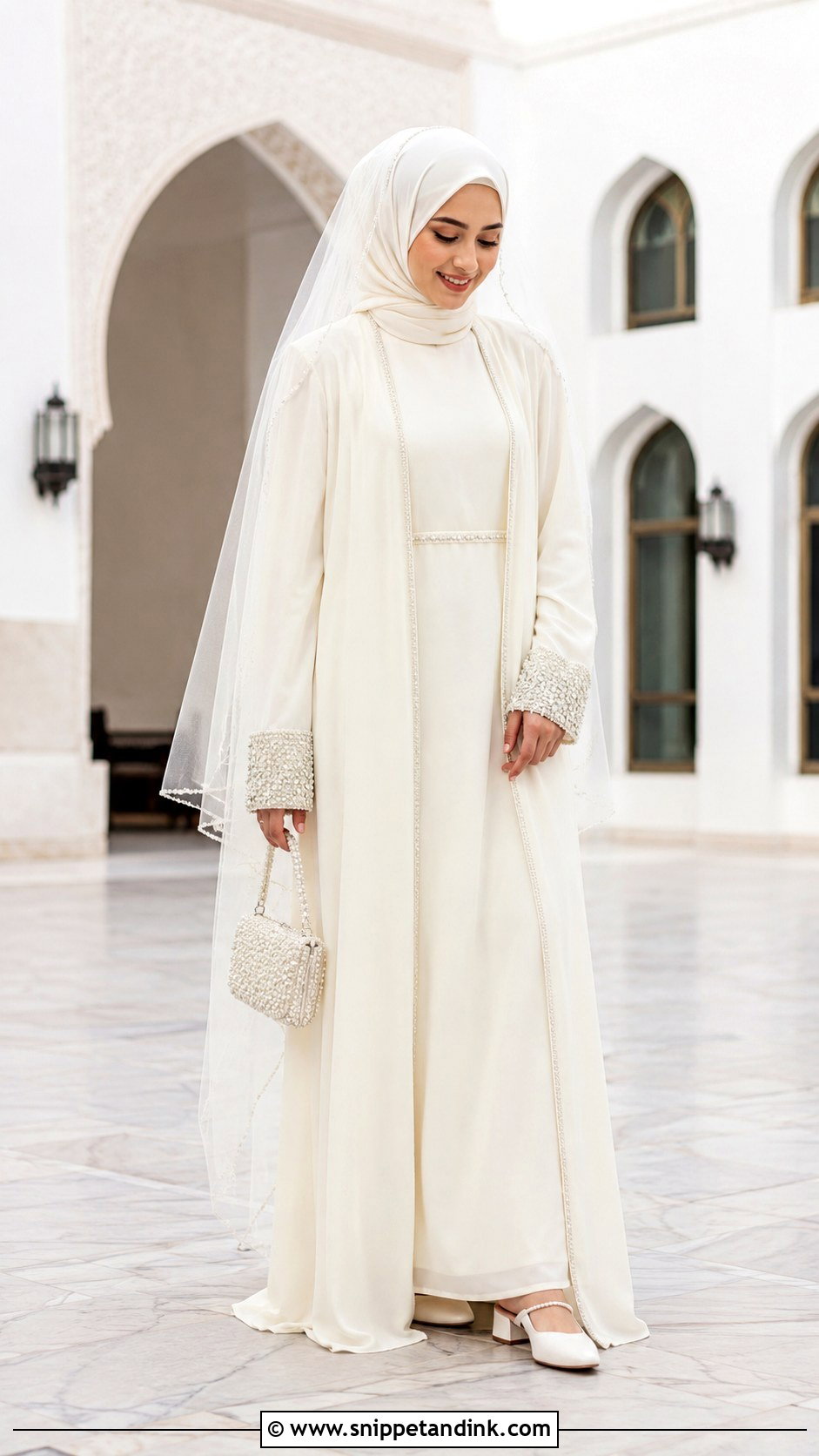 Ivory Islamic Bridal Abaya With Crystal Details - Snippet and Ink - 20 Islamic Bride Dress Ideas
