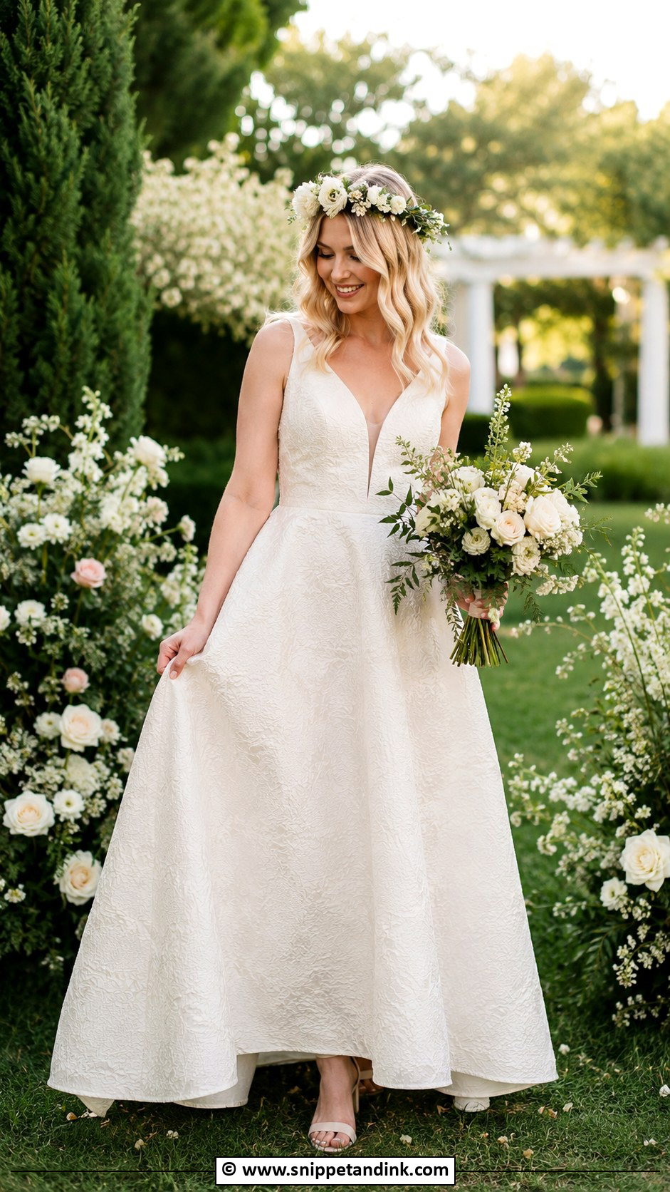 Ivory Jacquard Wedding Dress With Floral Crown - Snippet and Ink - 25 Jacquard Wedding Dress Ideas