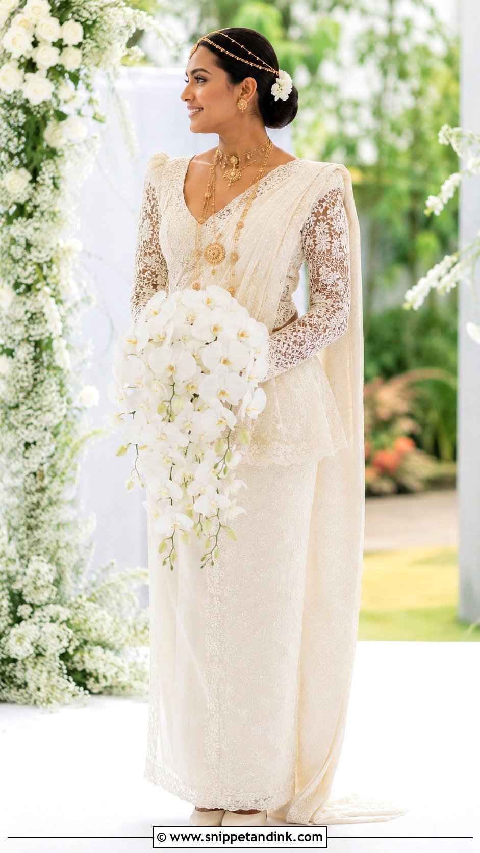 Ivory Kandyan Bride With Long Lace Sleeves - Snippet and Ink - 20 Kandian Bride Ideas