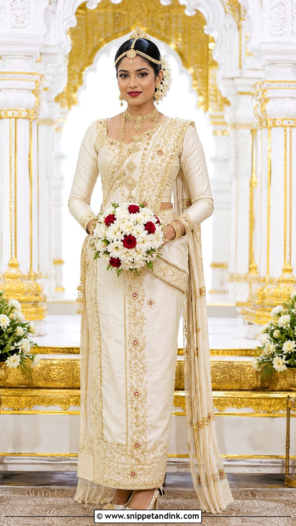 Ivory Kandyan Bride With Red Floral Accents - Snippet and Ink - 20 Kandian Bride Ideas