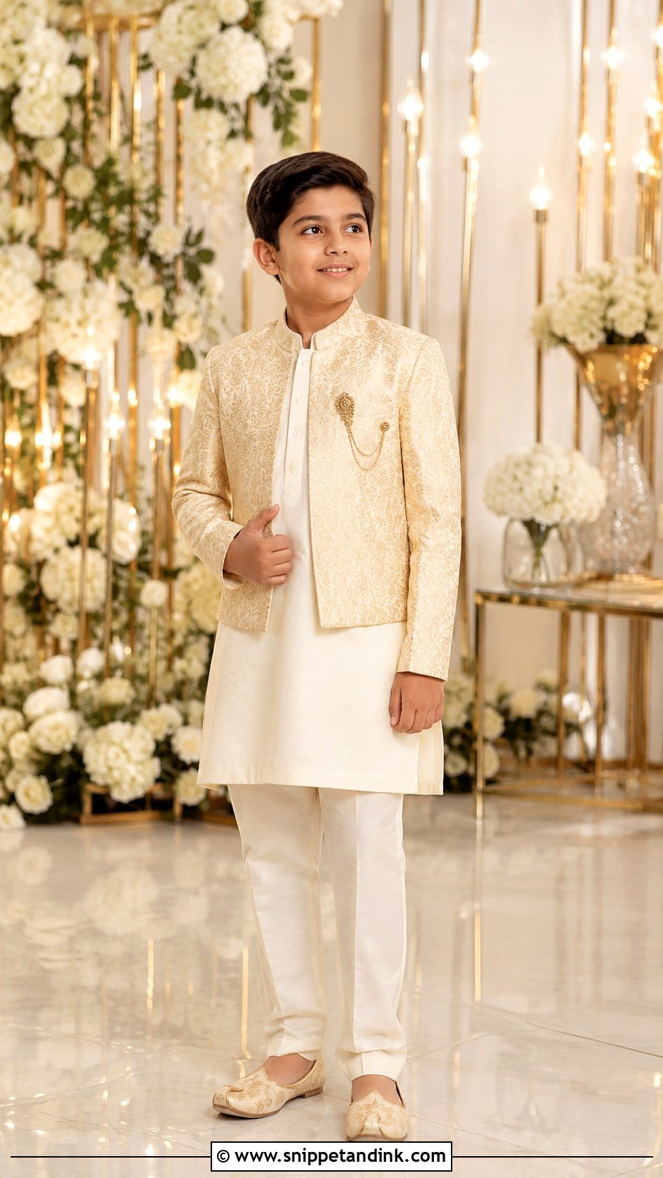 Ivory Kurta With Gold Brocade Jacket - Snippet and Ink - 20 Boys Sangeet Outfit Ideas