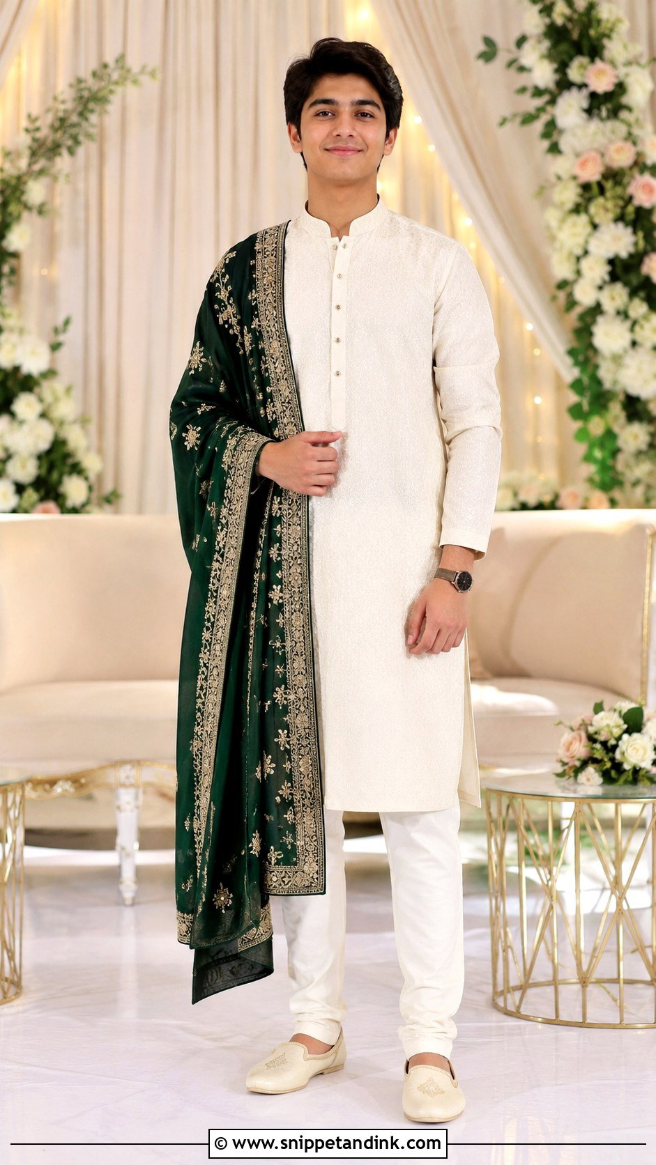 Ivory Kurta With Green Dupatta For Boys - Snippet and Ink - 25 Mehndi Dress for Boys Ideas