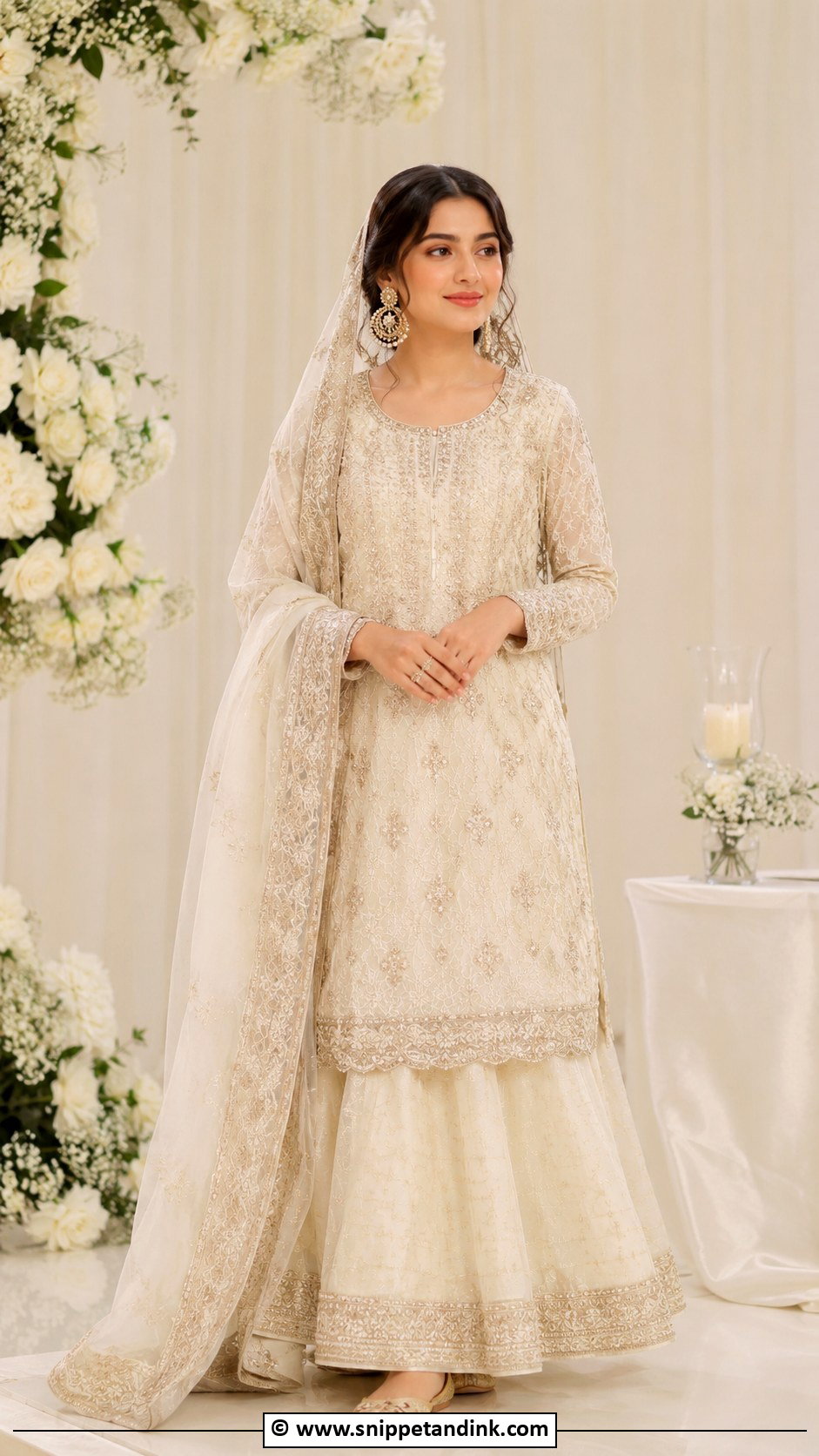 Ivory Kurta With Lehenga And Heavy Dupatta - Snippet and Ink - 30 Pakistani Nikkah Dress Ideas