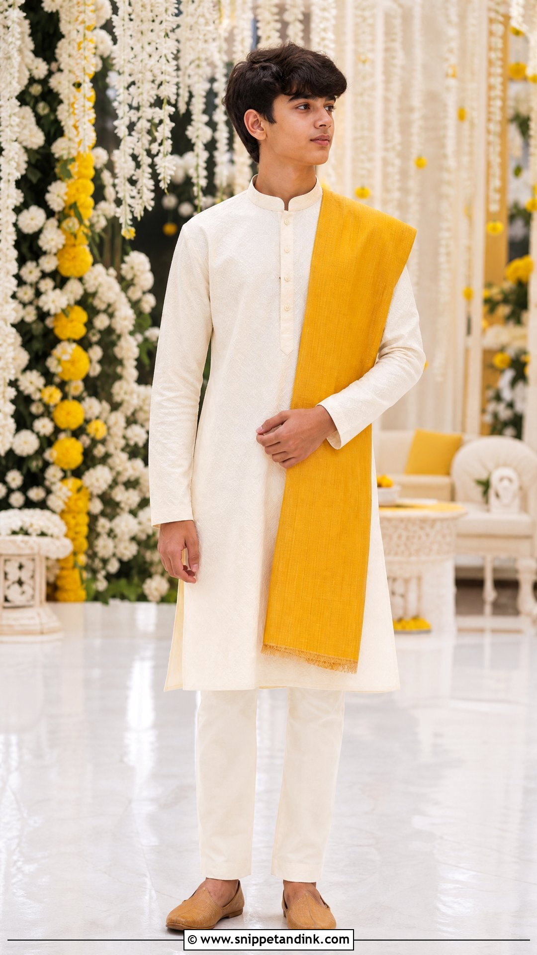 Ivory Kurta With Marigold Stole Haldi Outfit - Snippet and Ink - 20 Boys Haldi Outfit Ideas