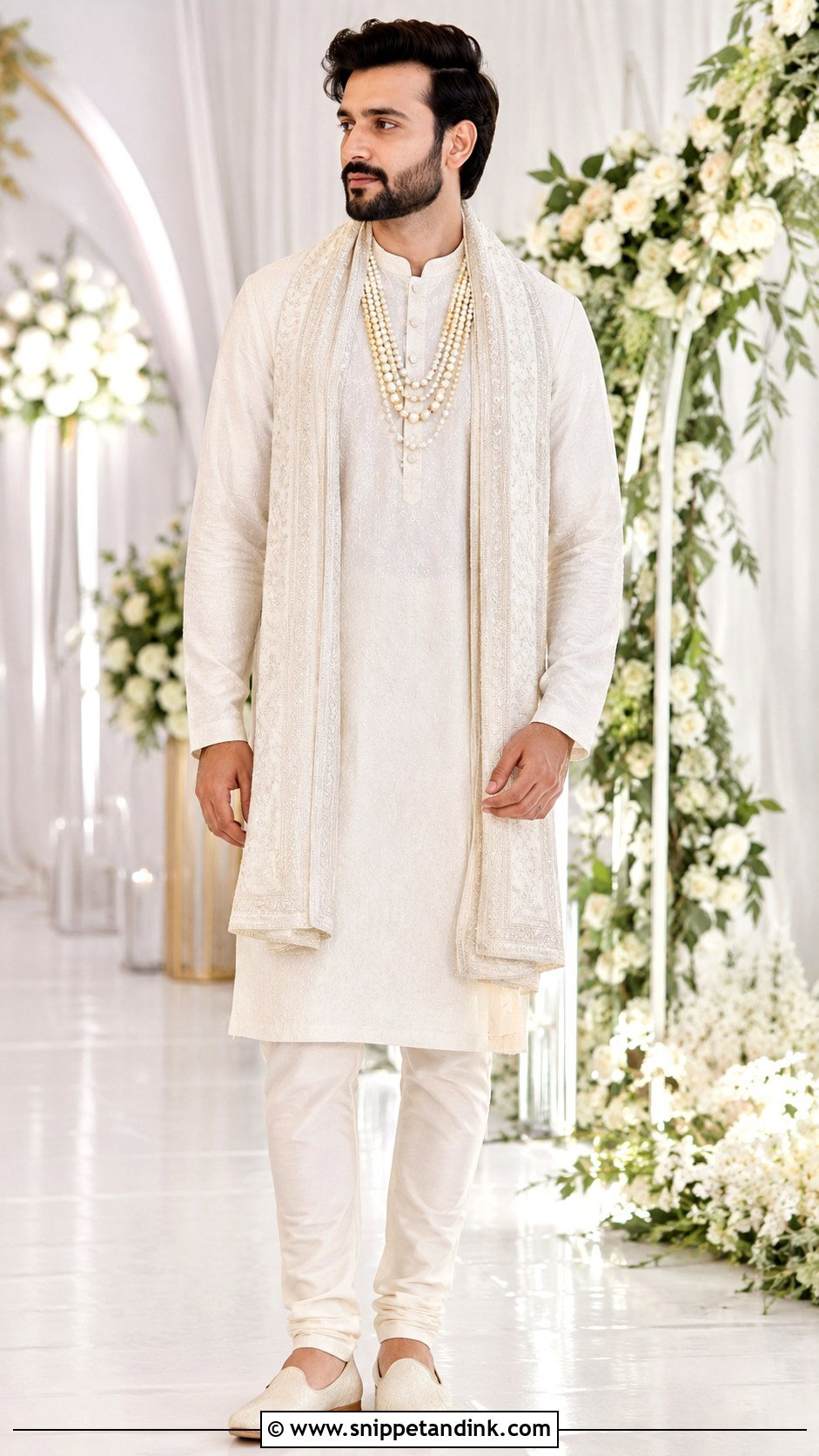 Ivory Kurta With Pearl Necklace Outfit - Snippet and Ink - 25 Ranbir Kapoor Wedding Outfit Ideas