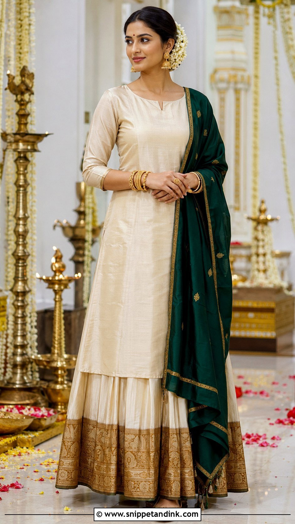 Ivory Kurti With Gold Temple Border Skirt - Snippet and Ink - 20 Kurti Skirt Indian Weddings Ideas