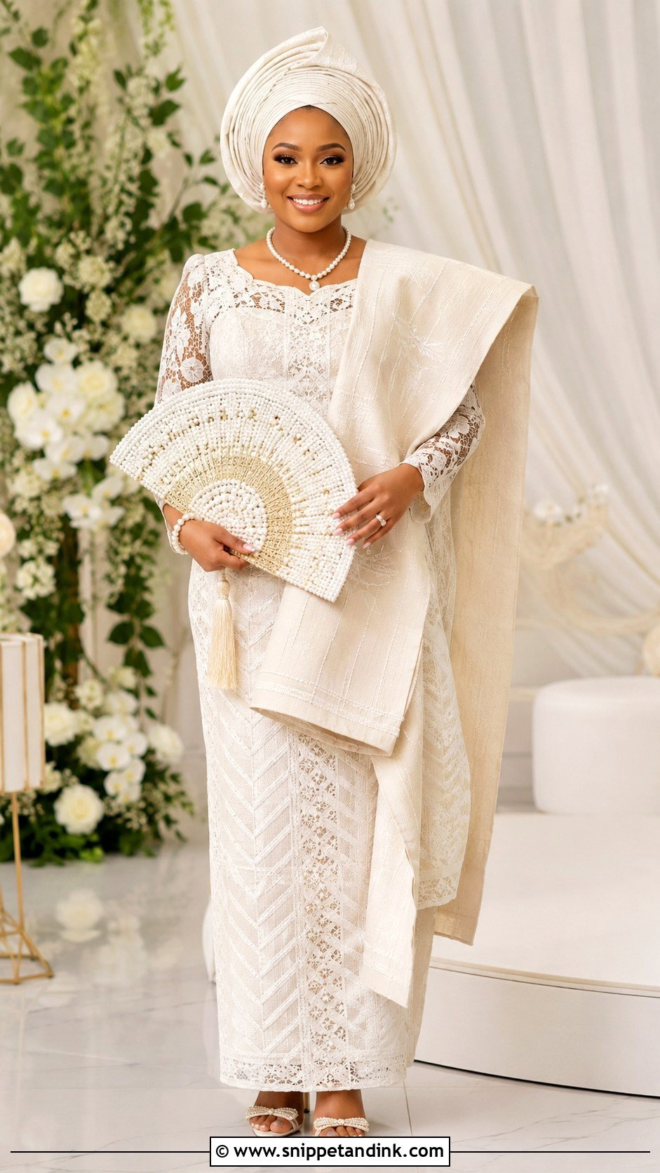 Ivory Lace And Aso Oke Yoruba Bride Attire - Snippet and Ink - 25 Yoruba Traditional Wedding Attire for Bride Ideas