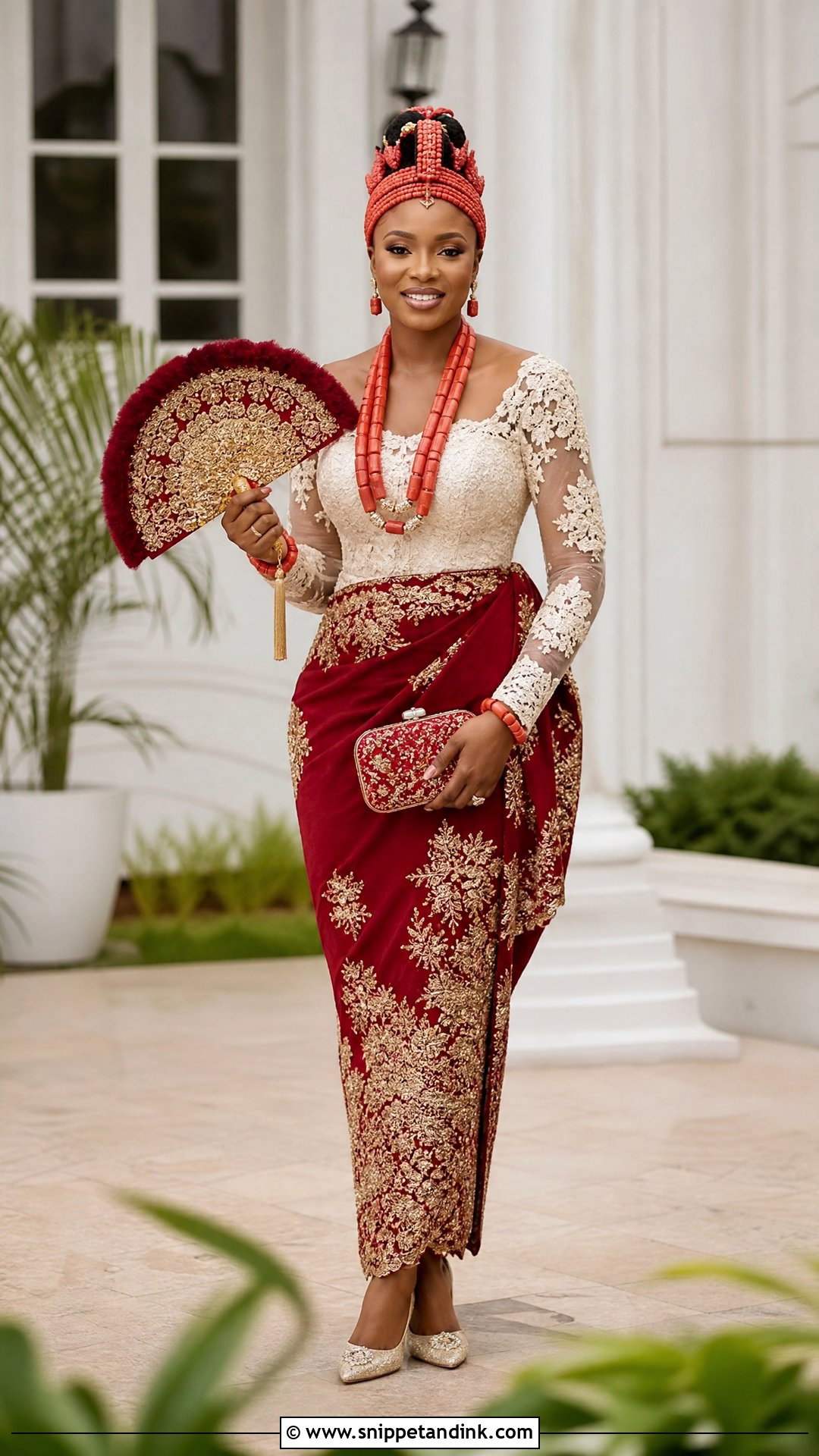 Ivory Lace And Red Wrapper Igbo Bride Outfit - Snippet and Ink - 20 Igbo Bride Traditional Wedding Outfit Ideas