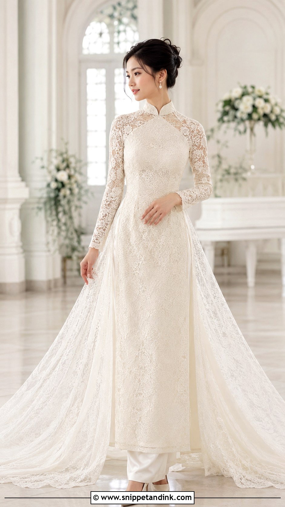 Ivory Lace Ao Dai With Long Train - Snippet and Ink - 25 Wedding Ao Dai Ideas