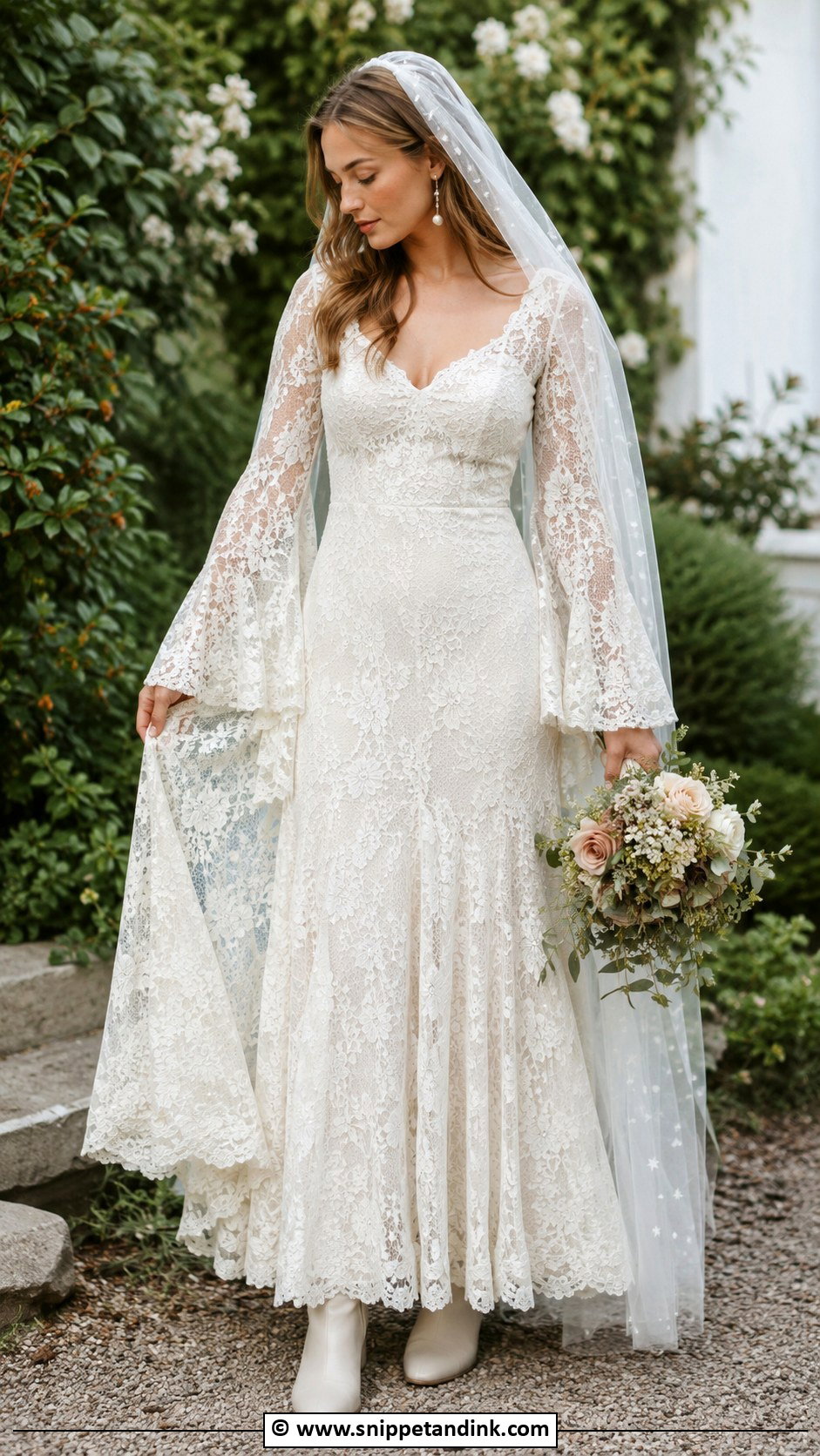 Ivory Lace Bell Sleeve Wedding Dress - Snippet and Ink - 25 Whimsigoth Wedding Dress Ideas