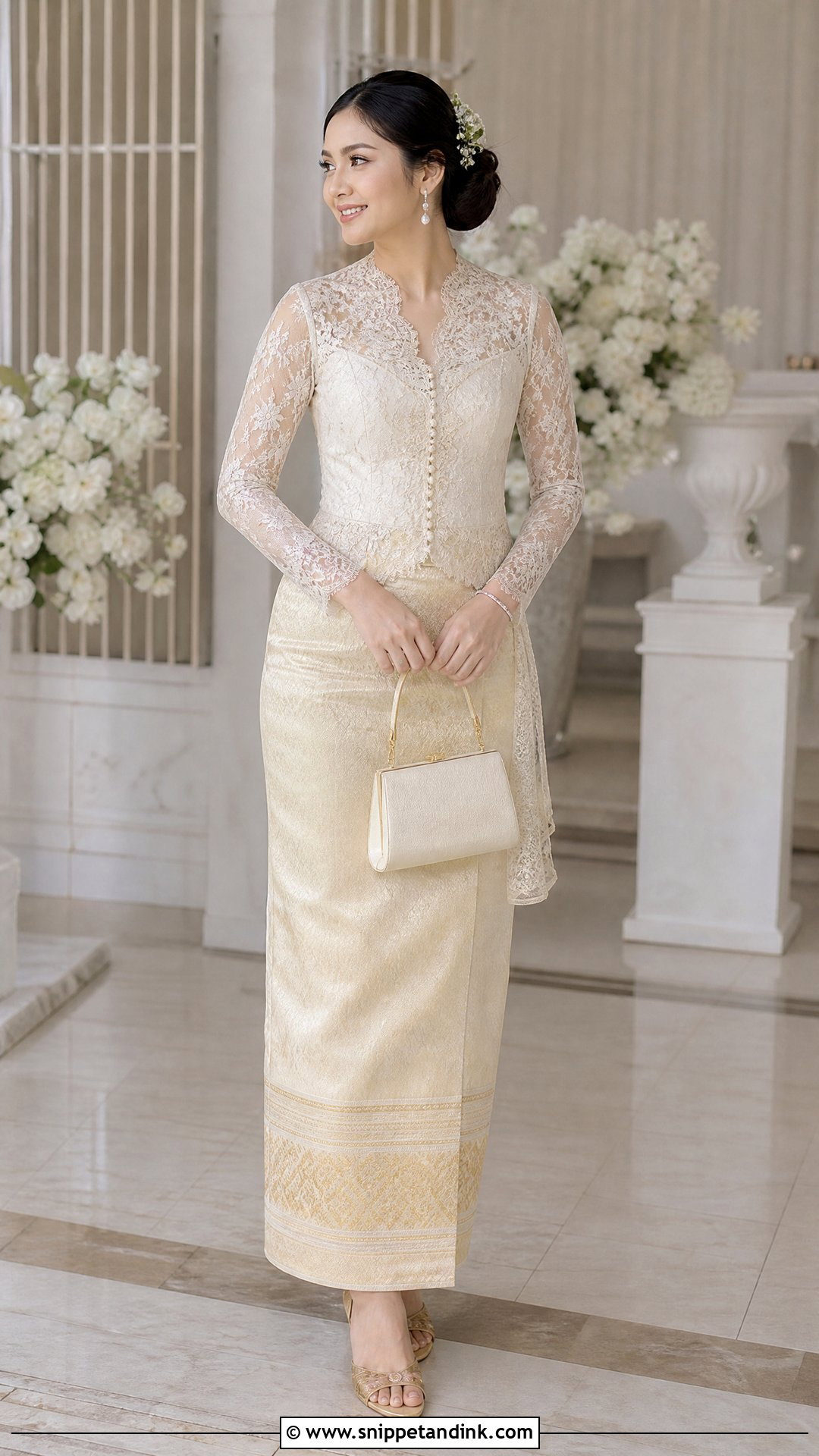 Ivory Lace Blouse and Champagne Htamein - Snippet and Ink - 20 Myanmar Wedding Dresses