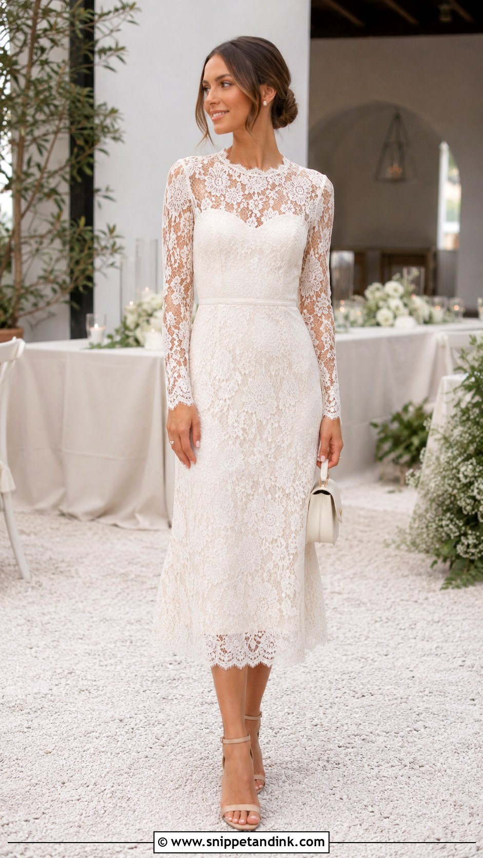 Ivory Lace Midi Rehearsal Dinner Dress - Snippet and Ink - 20 Long Sleeve Rehearsal Dinner Dress Ideas
