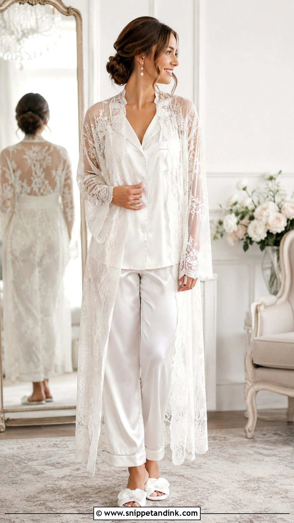 Ivory Lace Robe With Satin Pajamas - Snippet and Ink - 30 Wedding Lingerie Night Outfit Ideas