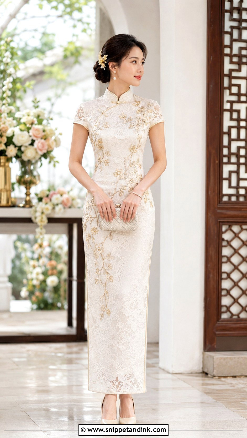 Ivory Lace Wedding Qipao With Gold Embroidery - Snippet and Ink - 20 Wedding Qipao Ideas