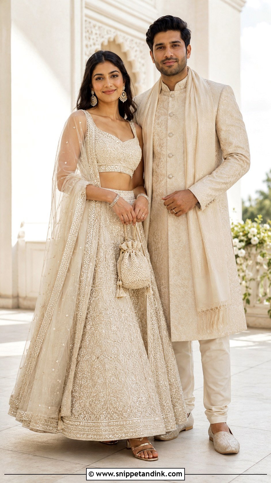 Ivory Lehenga And Beige Sherwani Couple Outfit - Snippet and Ink - 20 Couple Matching Indian Outfits