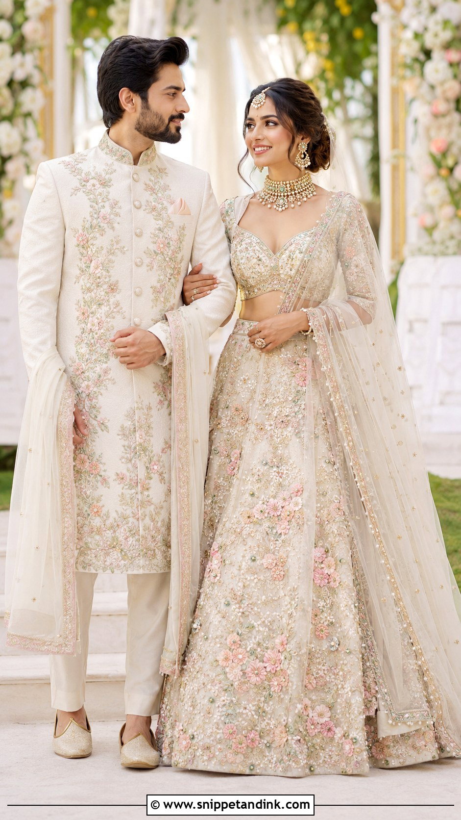 Ivory Lehenga And Floral Sherwani Indian Wedding Outfit - Snippet and Ink - 20 Indian Wedding Matching Outfits